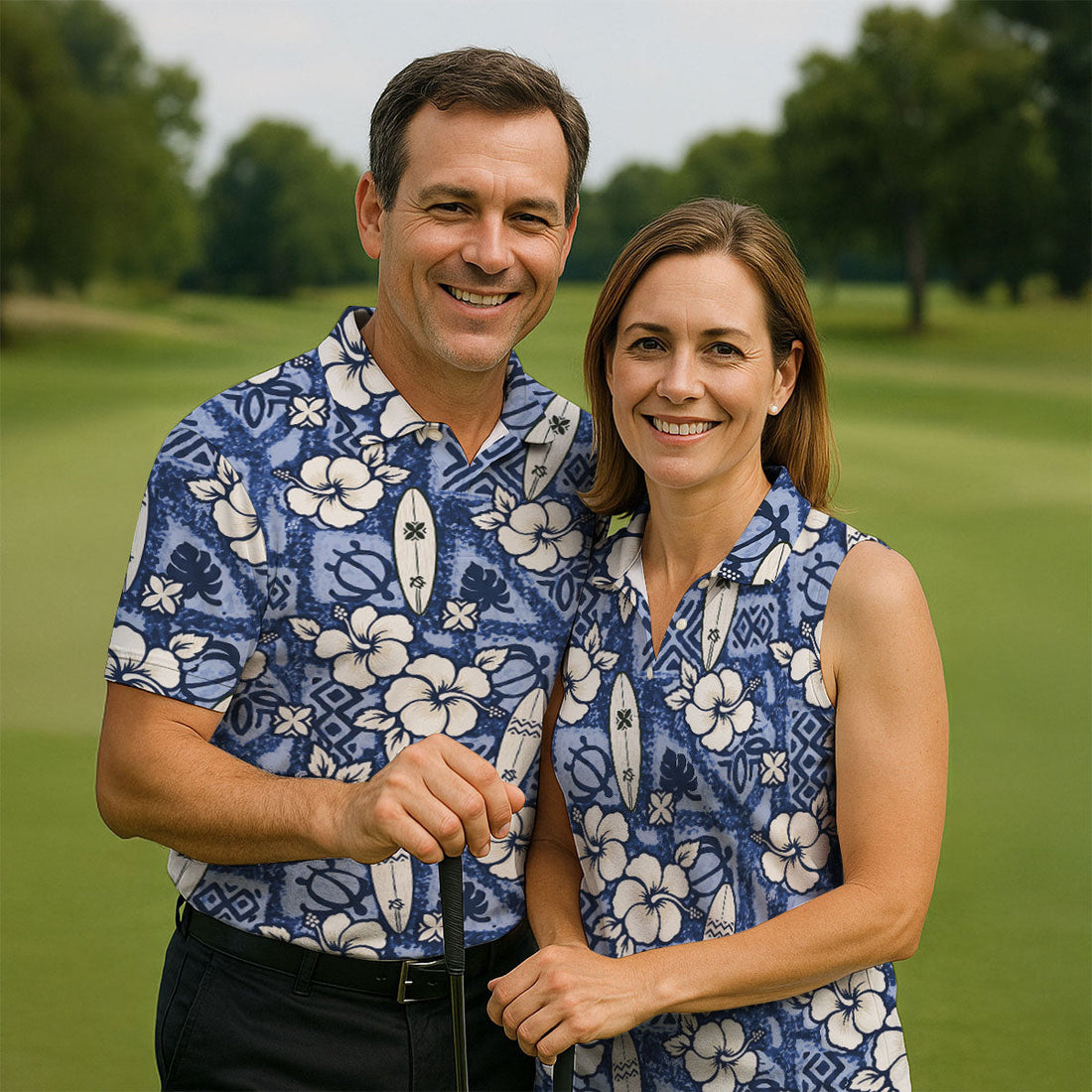 Blue Hawaiian Surfboard Hibiscus Design Hawaiian Golf Shirt, Golf Shirts For Men, Polo Shirts For Men