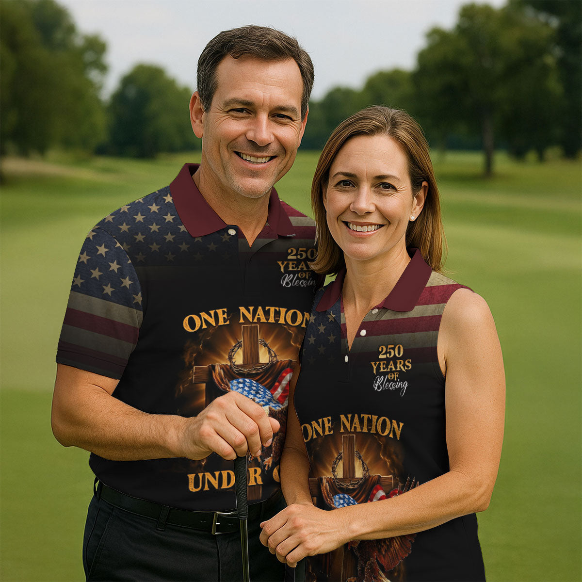 One Nation Under God 250 Years Faith Cross Golf Tops For Men, Patriotic US Flag Father's Day Golf Shirt