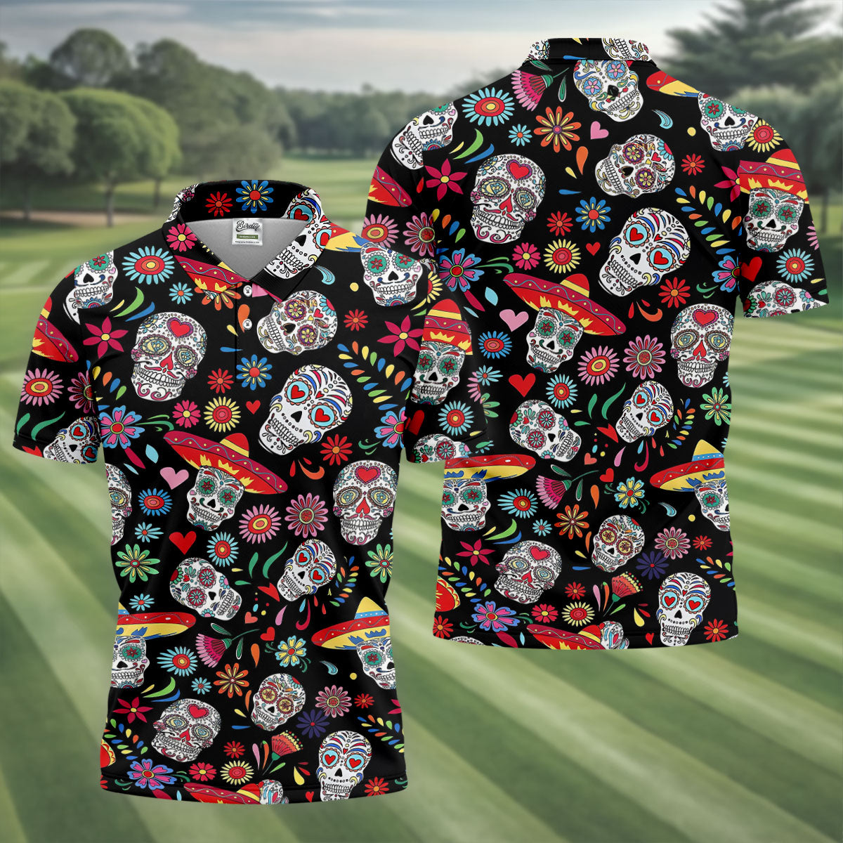 Day Of The Dead FLoral Sugar Skull Cinco De Mayo Celebration Fiesta Themed Golf Shirts For Men