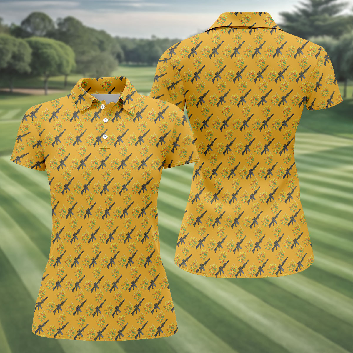 Gun And Flower Yellow Lily Flower Seamless Pattern Yellow Golf Shirt, Women's Golf Tops, Ladies Golf Shirt