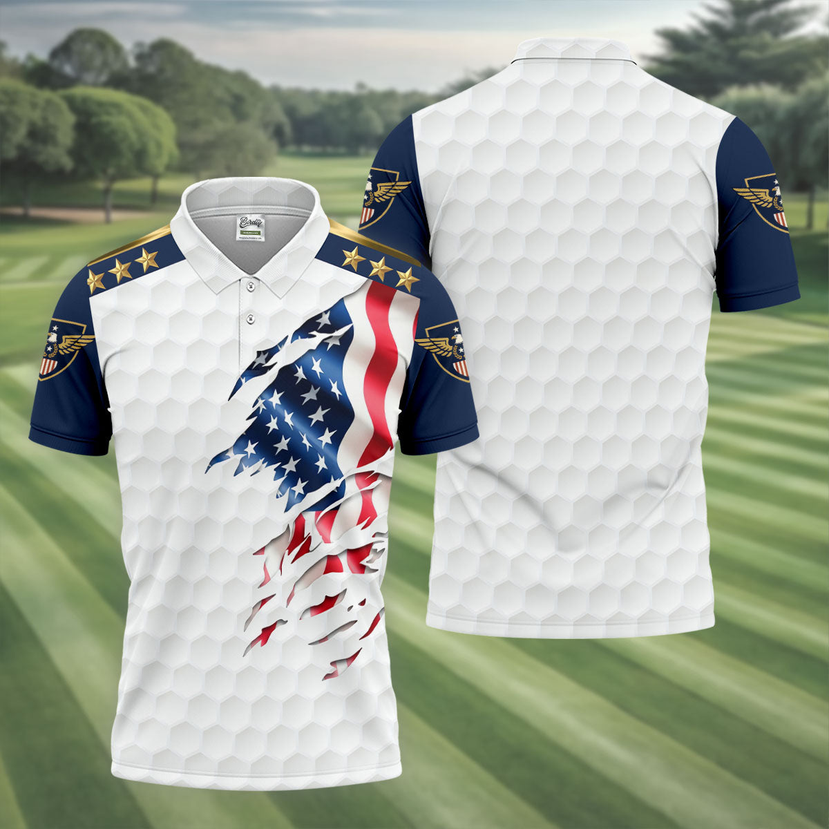 Rugged American Flag With Golf Ball Pattern 4th Of July Golf Tops For Men, 250th Anniversary Patriotic Golf Shirt