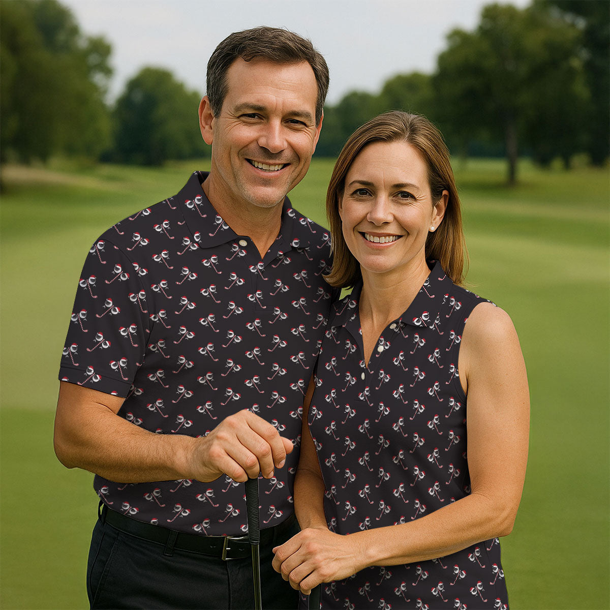 Funny Christmas Candy Cane Pattern Black Golf Shirt, Polo ShirtFor Men, Christmas Golf Shirt