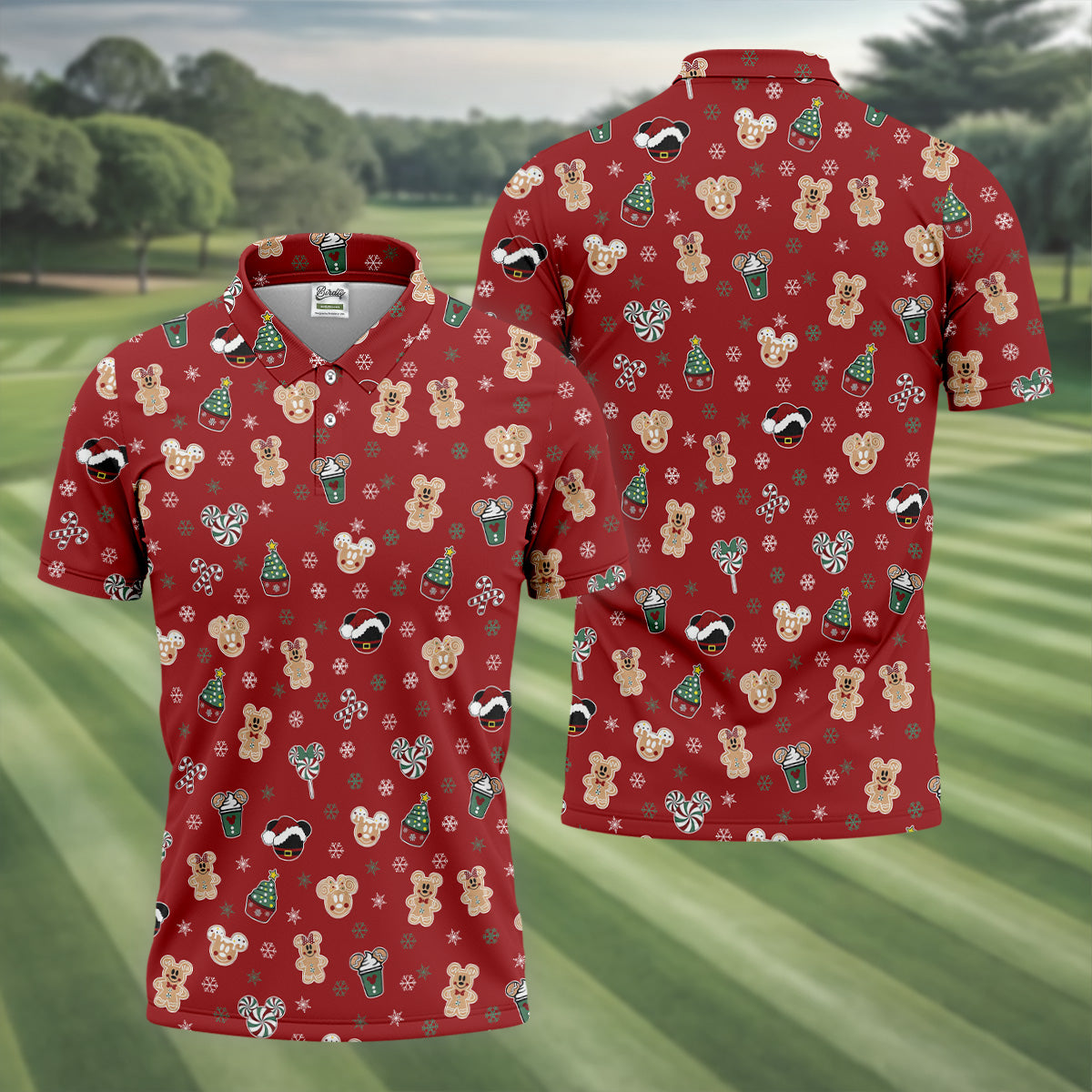 Christmas Gingerbread Red Golf Shirt, Holiday Pattern Christmas Golf Shirt, Polo Shirts For Men