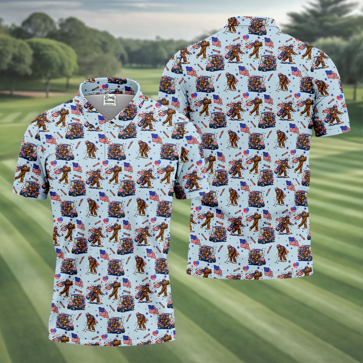 Funny Bigfoot 4th Of July American Flag Pattern Light Blue Golf Shirts For Men, 250th Anniversary Patriotic Golf Shirt