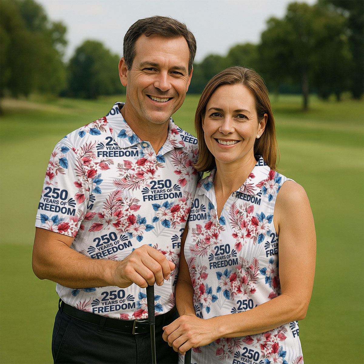 250 Years Of Freedom Tropical Vibe Retro Golf Shirt, Golf Tops For Men, 4th Of July Golf Shirts For Men