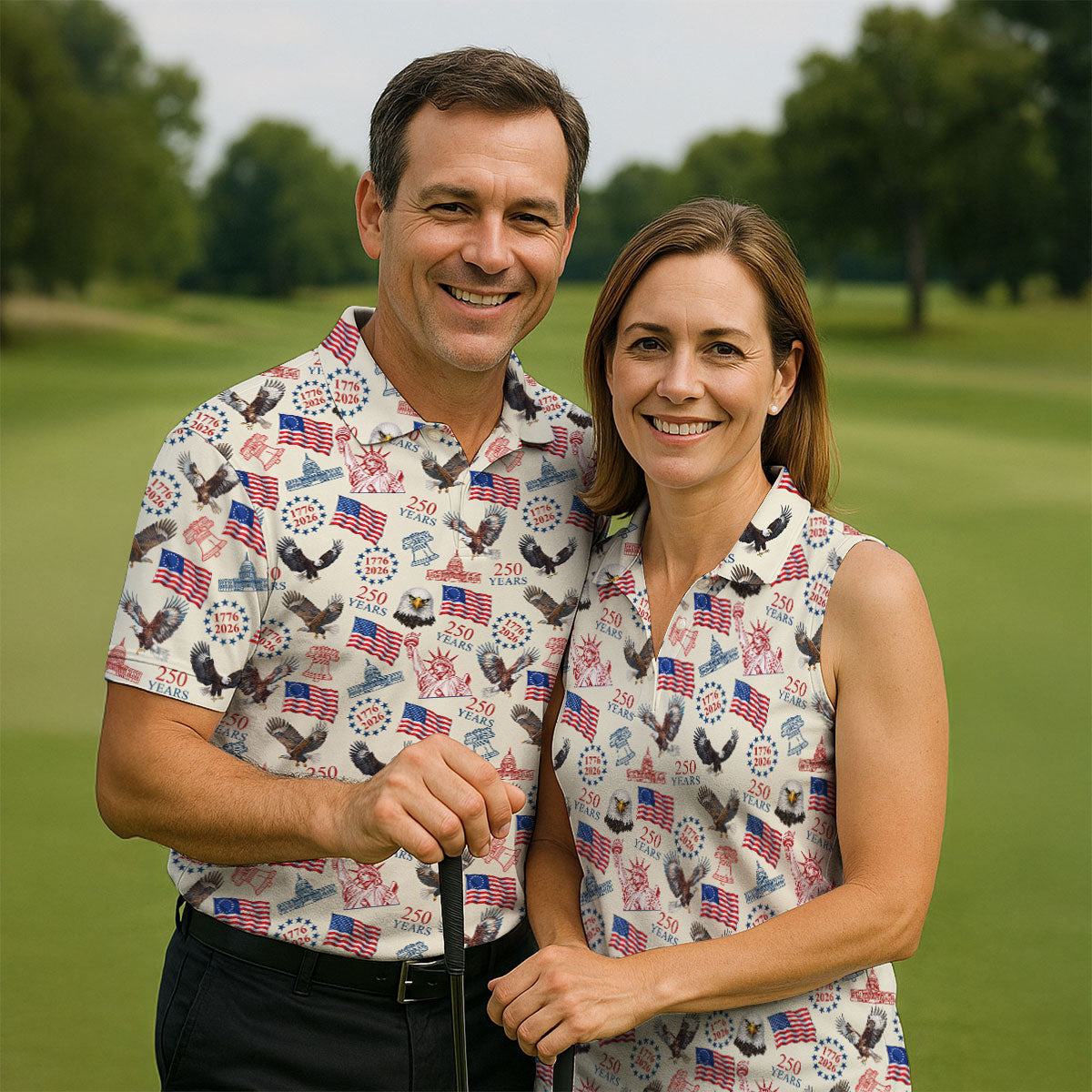 250 Years American Symbol Patriotic Pattern Beige Golf Shirt, 4th Of July Golf Shirt, Golf Shirts For Men