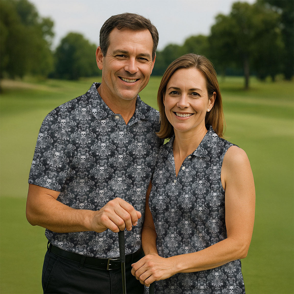 Skull Damask Charcoal Grey Gothic Floral Golf Tops For Men, Polo Shirtor Men, Golf Shirts For Men
