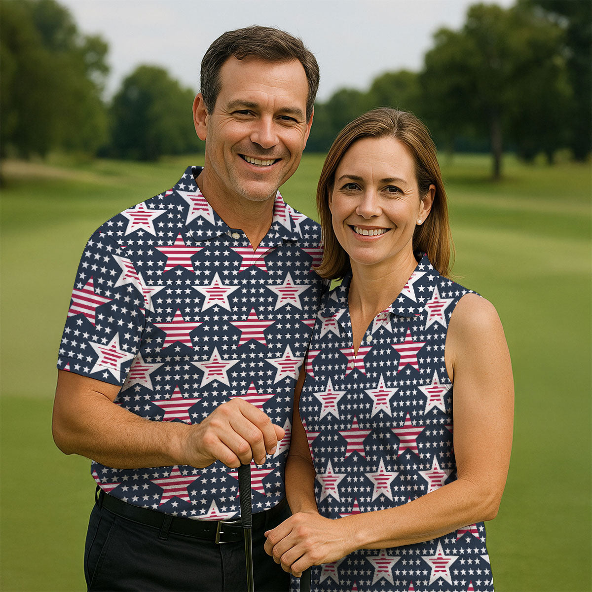Red And White Stripe Stars Seamless Pattern 250th Anniversary Golf Shirts For Men, Patriotic Golf Shirt