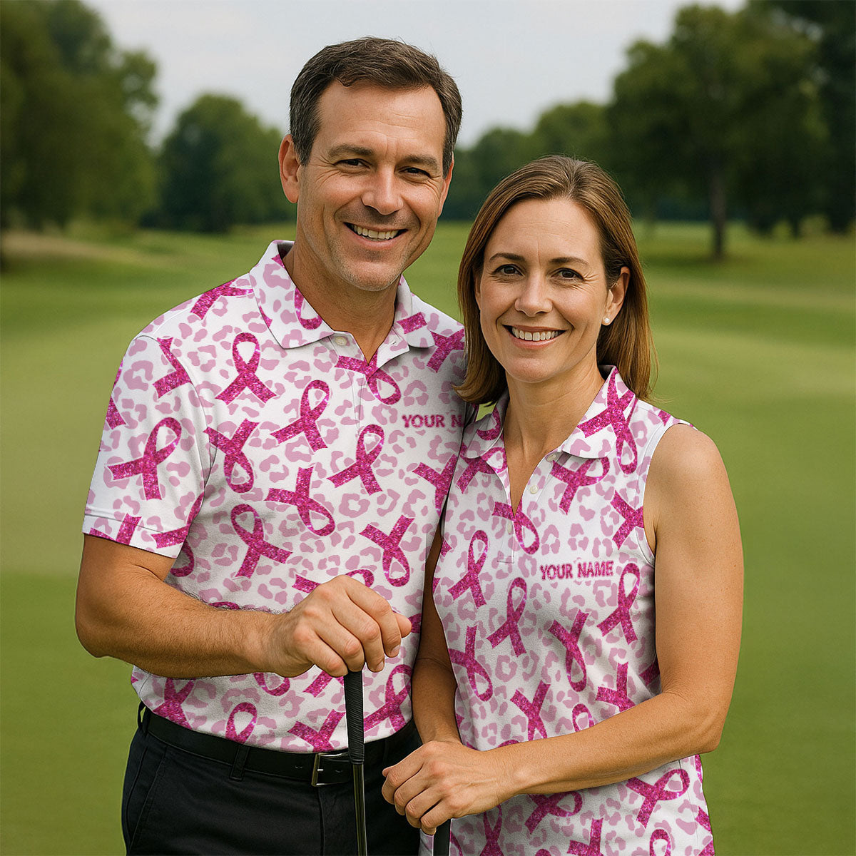 Breast Cancer Pink Ribbon Leopard Pattern Golf Tops For Men, Cancer Awareness Shirt, Golf Shirts For Men