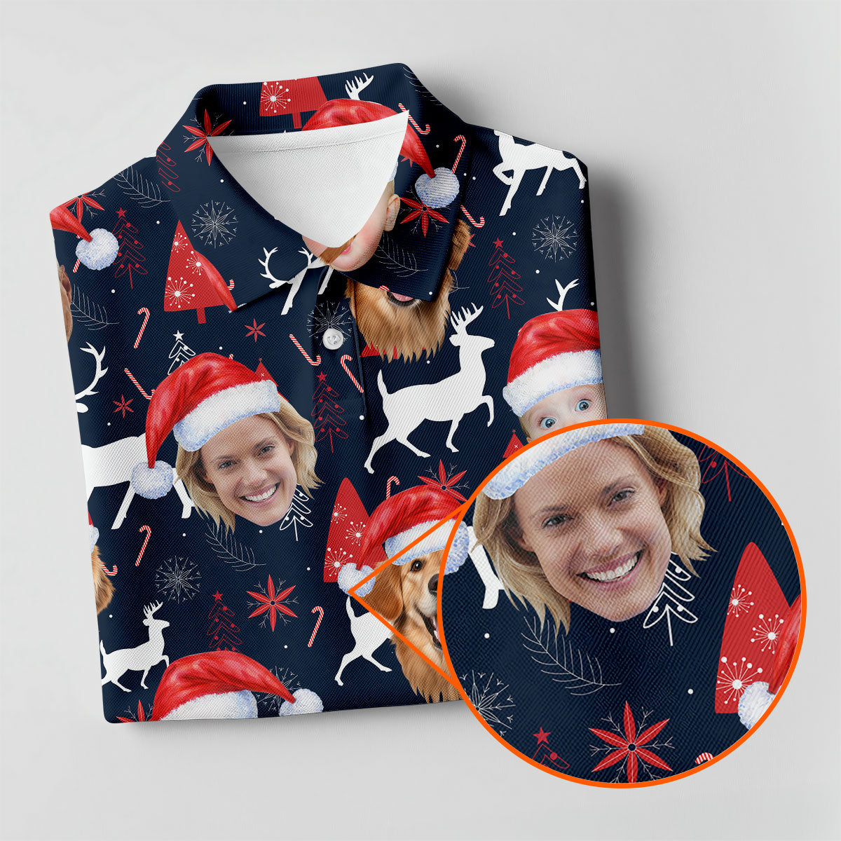 Custom Face Red And Navy Seamless Pattern Christmas Golf Shirt, Ladies Golf Shirts, Golf Gifts For Women