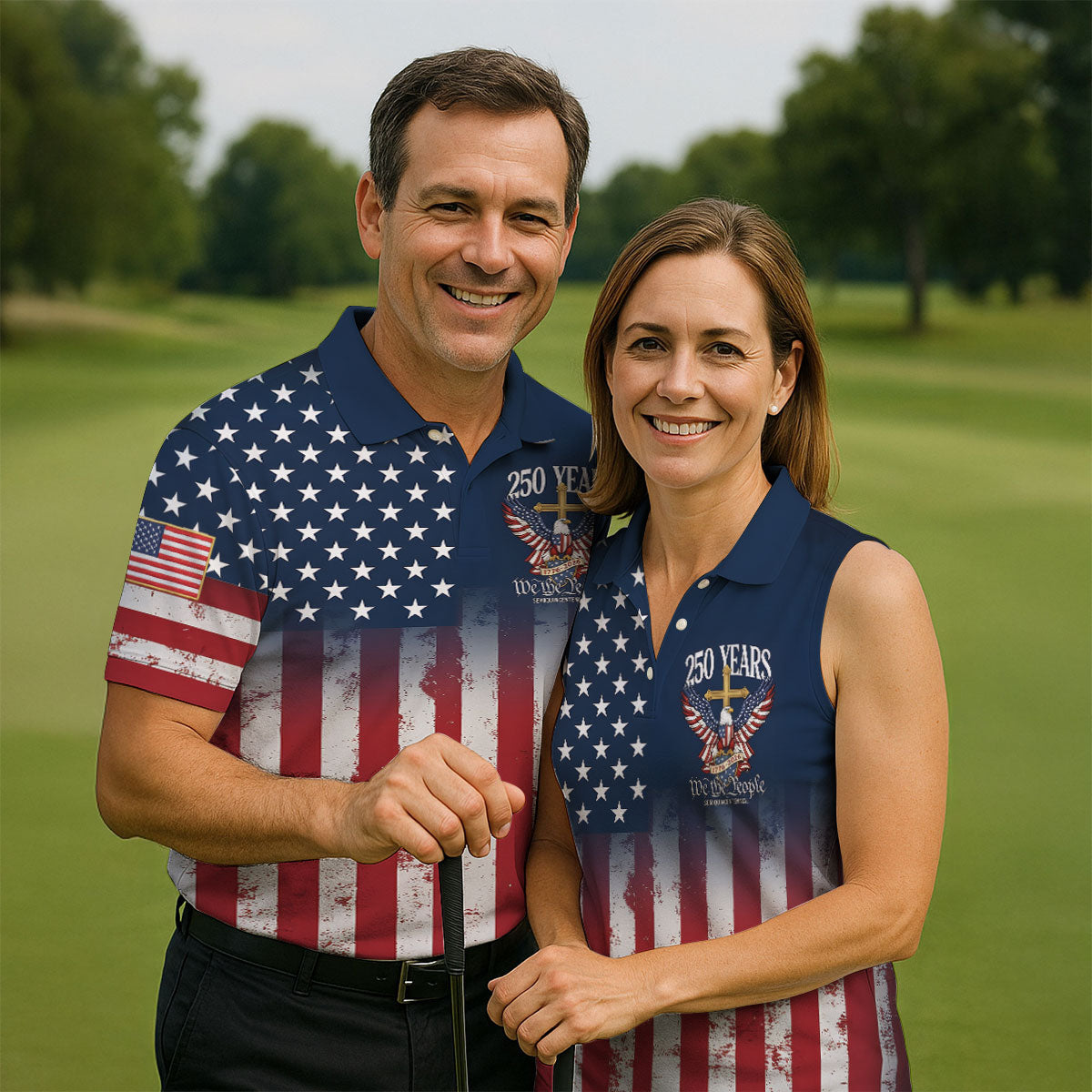 250 Years We The People Bald Eagle US Flag Cross Faith Golf Shirts For Men, Patriotic Golf Shirt