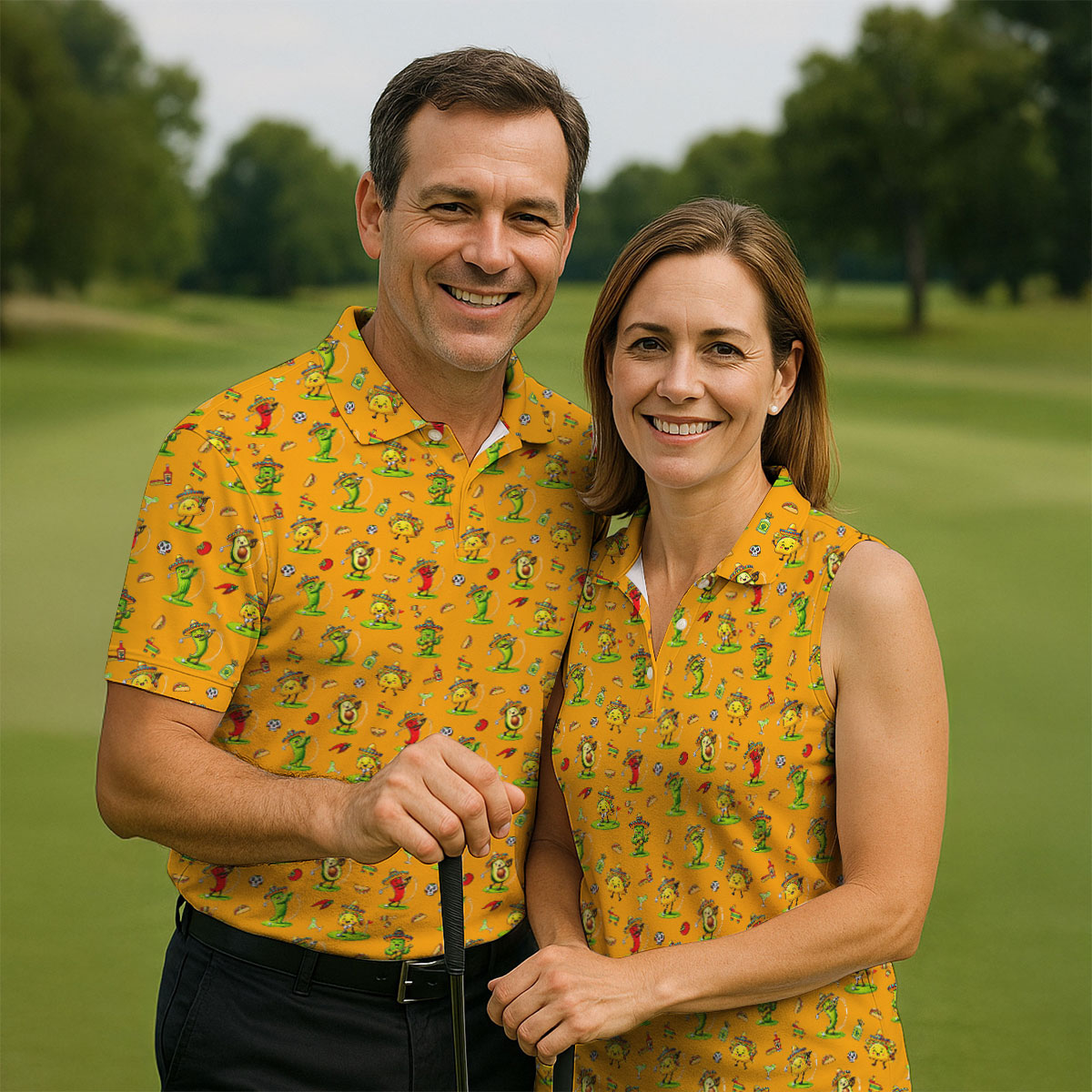 Mexican Cartoon Food Characters Cinco De Mayo Celebration Fiesta Themed Yellow Golf Shirts For Men