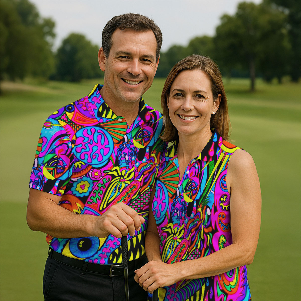 Neon Psychedelic Abstract Eye Pattern Golf Shirt, Mens Golf Polo, Printed Golf Shirts, Golf Polo Shirts For Men