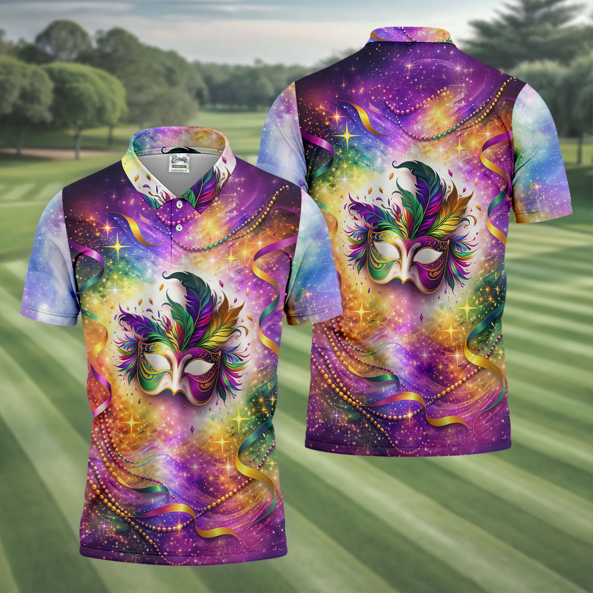 Carnival Mask Feather Print Purple Green Gold Dazzling Effect Mardi Gras Polo ShirtFor Men, Golf Shirts For Men