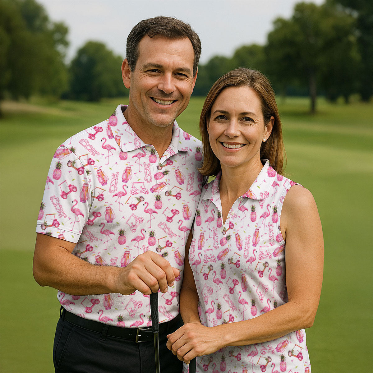 Funny Flamingo Pink Pineapple Tropical Vibe Golf Tops For Men, Men's Funny Golf Shirts, Polo Shirtor Men