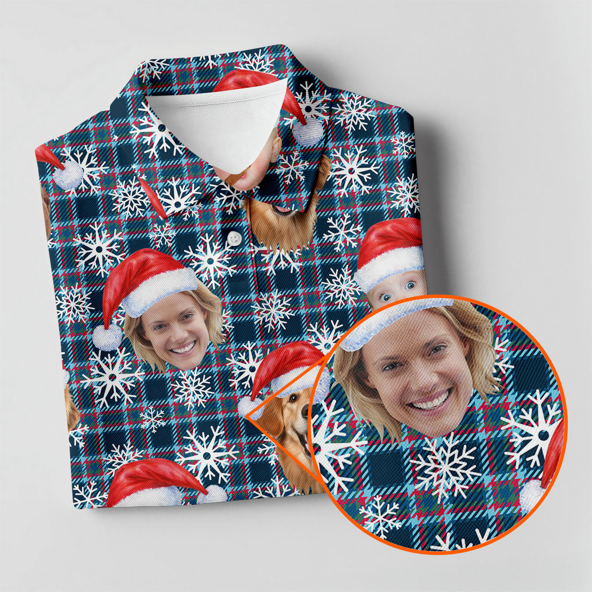 Custom Face Red And Blue Plaid Snowflakes Print Christmas Golf Shirt, Ladies Golf Tops, Golf Gifts For Women