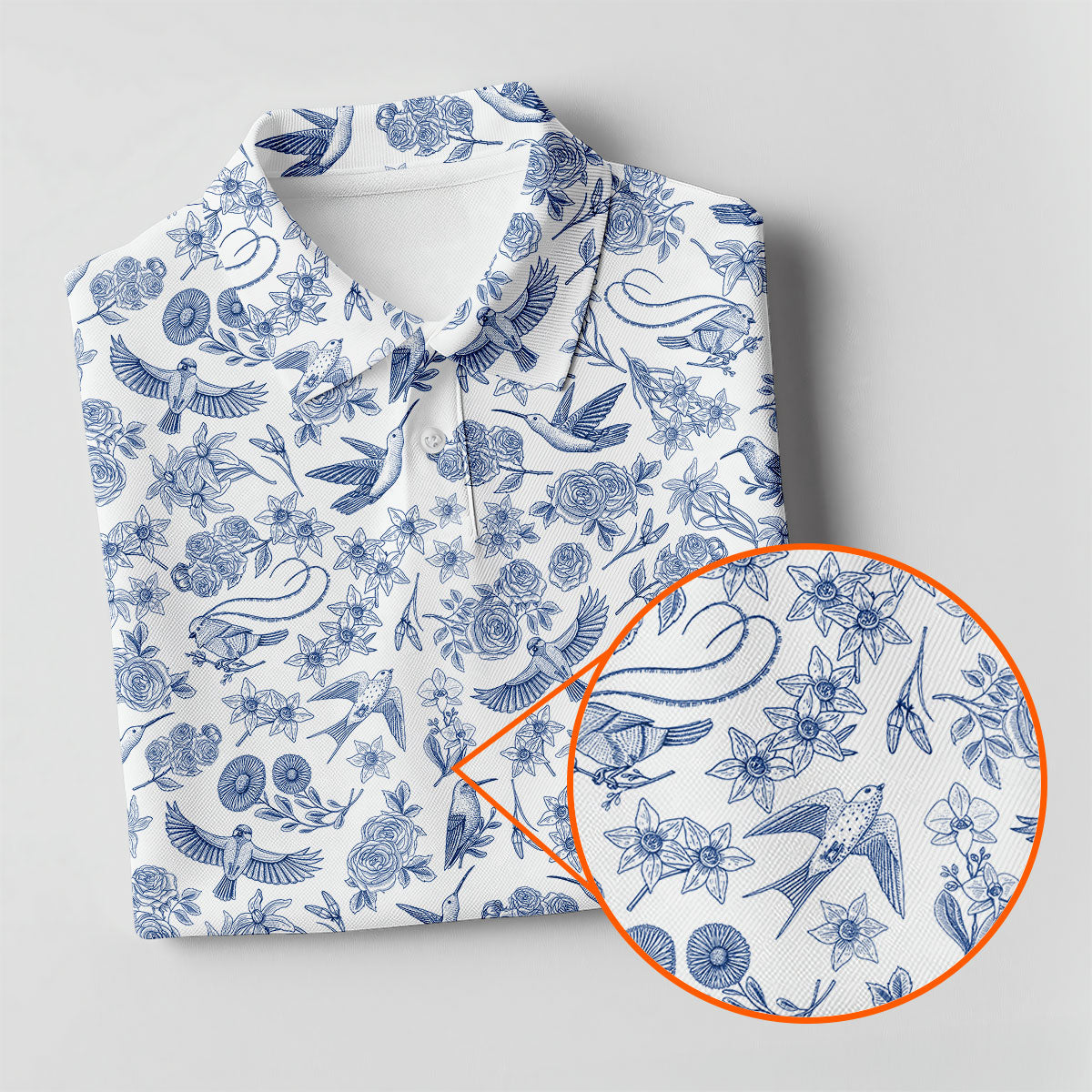 Custom Name Toile de Jouy Birds And Flowers Blue Golf Shirt, Women Golf Top, Ladies Golf Polos