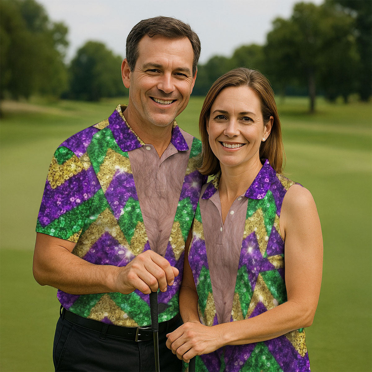 Mardi Gras Purple Green Gold Printed Sequin Zigzag Pattern Golf Shirts For Men, Men's Funny Golf Shirts