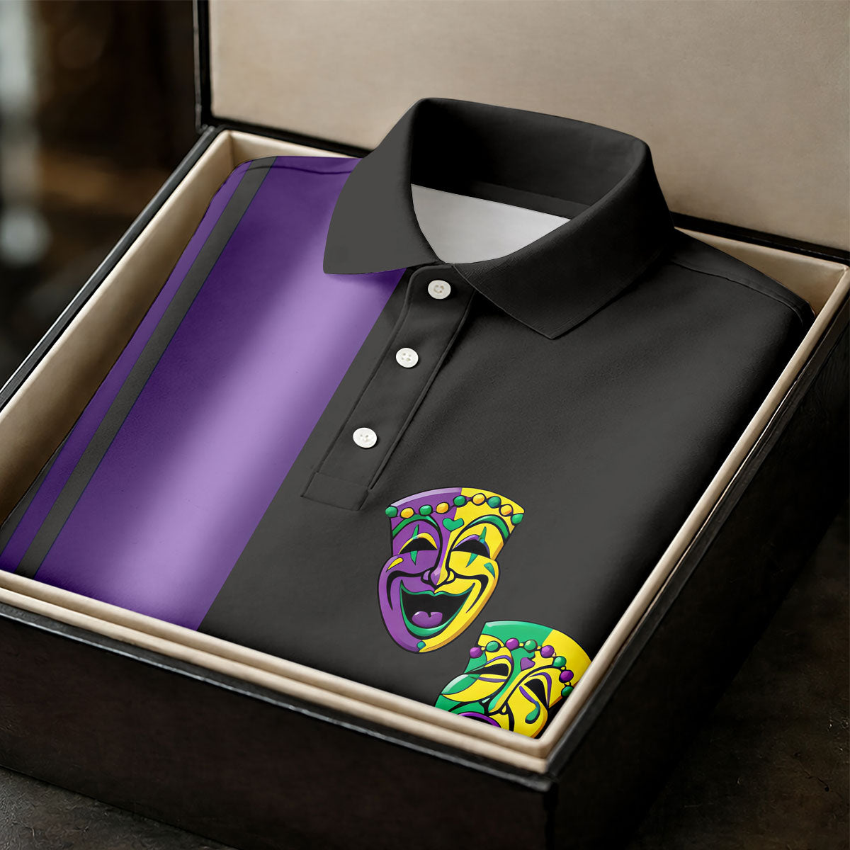 Melpomene And Thalia Theatrical Masks Purple Stripe Mardi Gras Golf Shirt, Women's Golf Tops, Ladies Golf Shirt