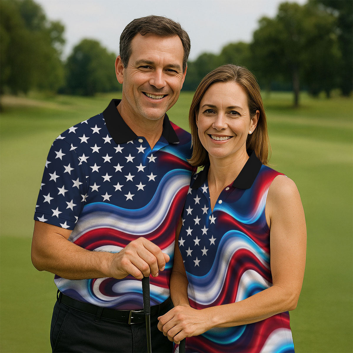 Star Pattern Red White Blue Wavy Stripes 250th Anniversary, Patriotic 4th Of July Golf Shirts For Men