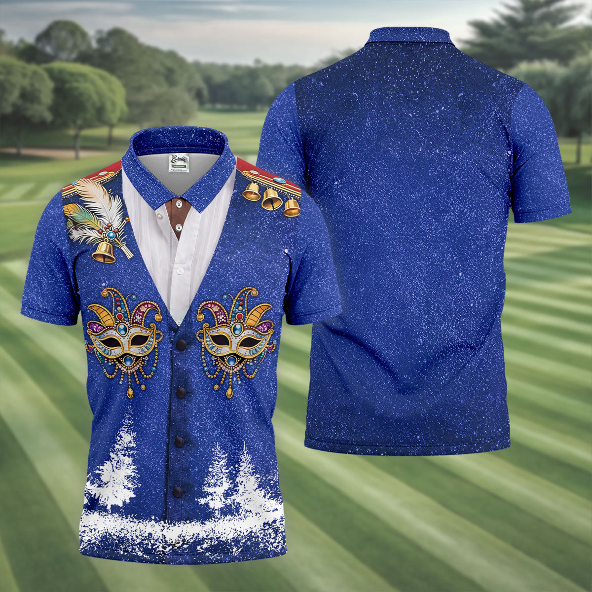 Masquerade Mask Feather Mardi Gras Glitter Print Blue Golf Shirt, Polo ShirtFor Men, Golf Shirts For Men