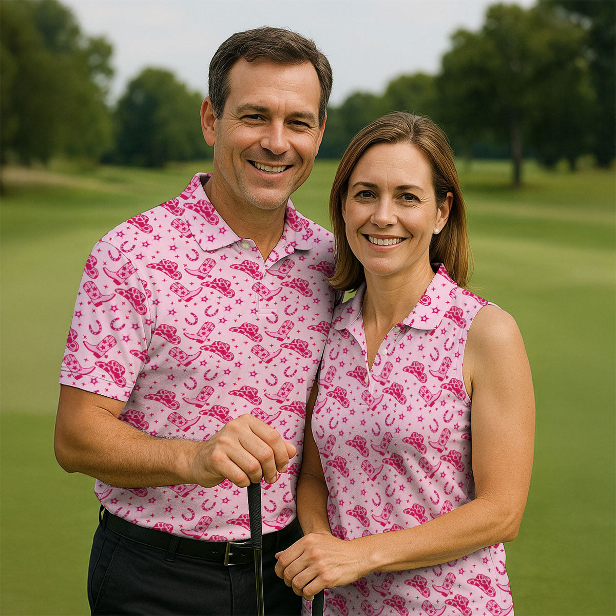 Pink Cowgirl Boots Hat Pattern Hawaiian Golf Shirt, Golf Polo Shirts For Men, Mens Golf Apparel