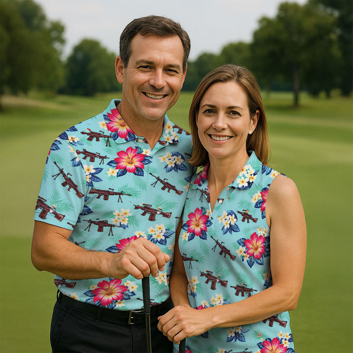 Floral Pattern Army Theme Hawaiian Golf Shirt, Men's Golf Polo ShirtShirts For Men