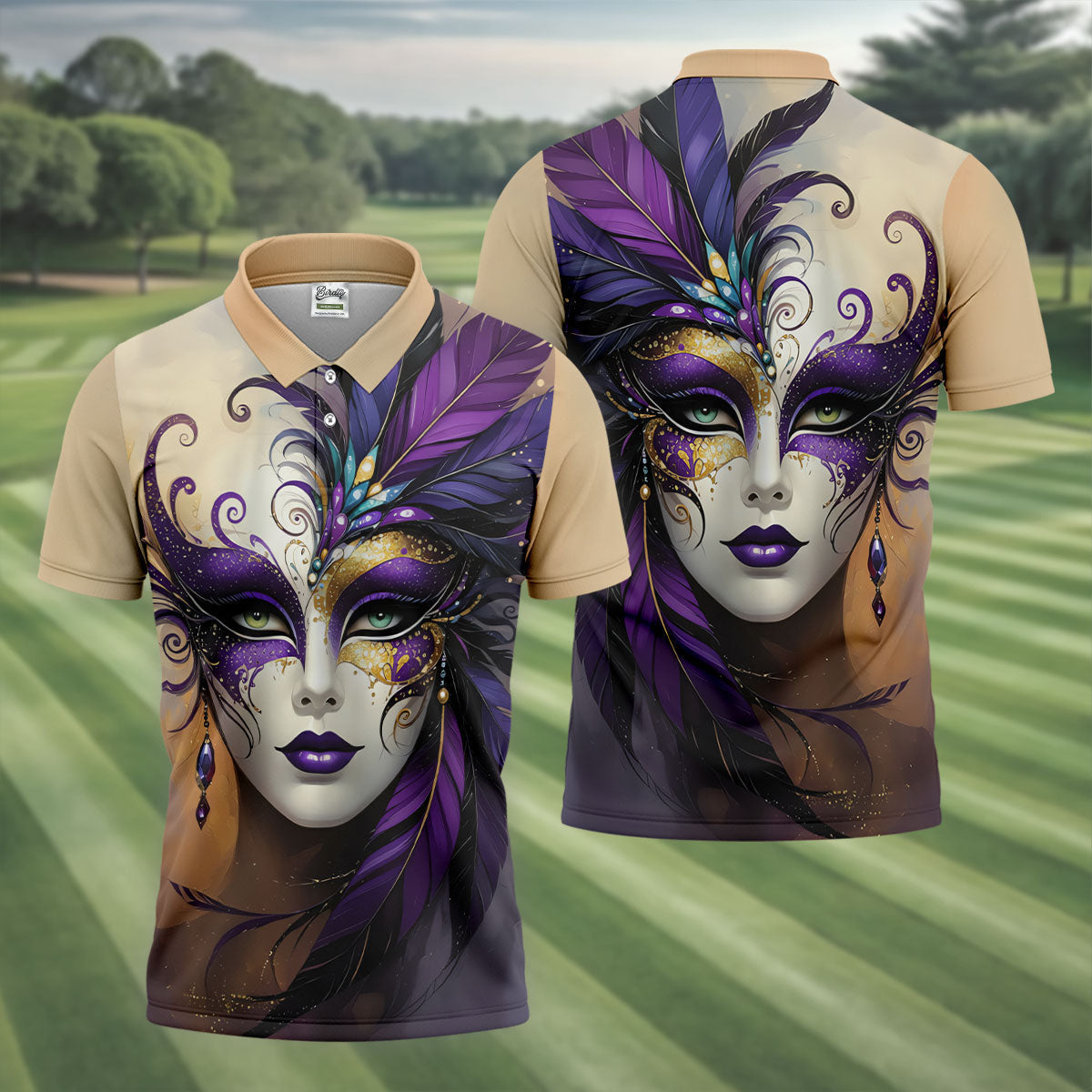 Feather Mask Mardi Gras Golf Shirt, Purple And Beige Golf Shirts For Men, Polo ShirtFor Men
