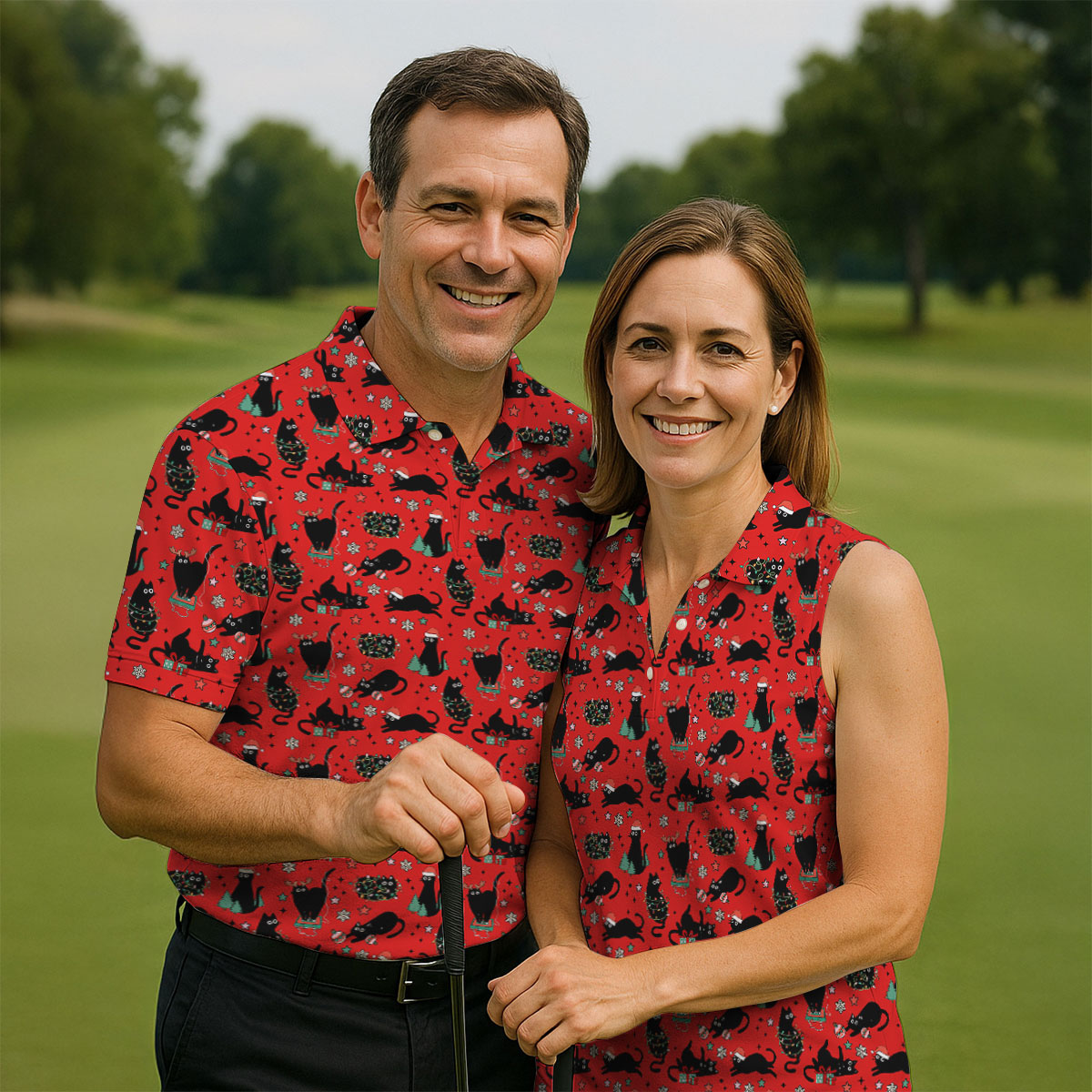 Xmas Black Cat Ladies Golf Tops, Red Golf Shirt, Golf Gifts For Women, Christmas Golf Shirt