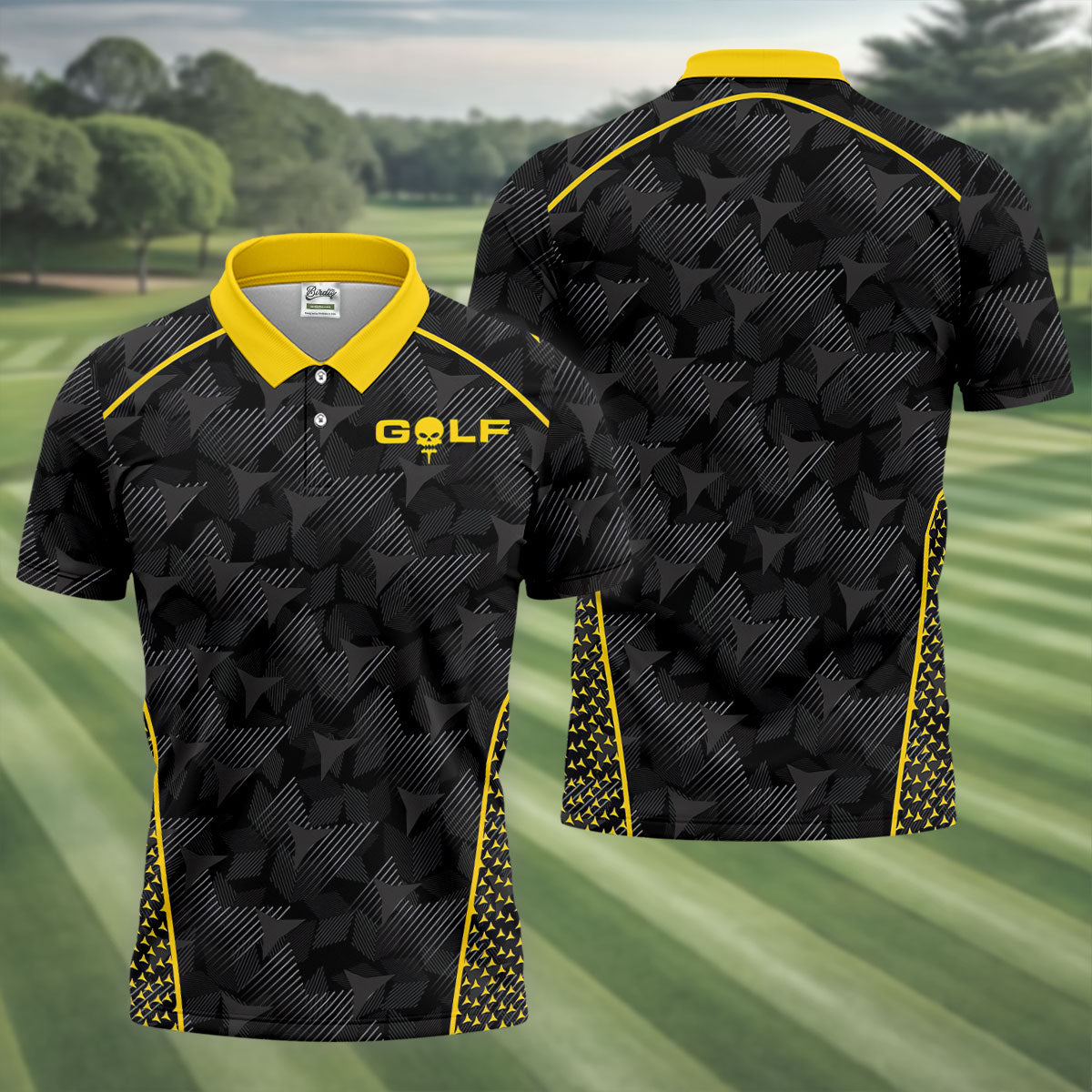 Abstract Triangle Black Yellow Golf Tops For Men, Father's Day Golf Gift, Polo Shirtor Men