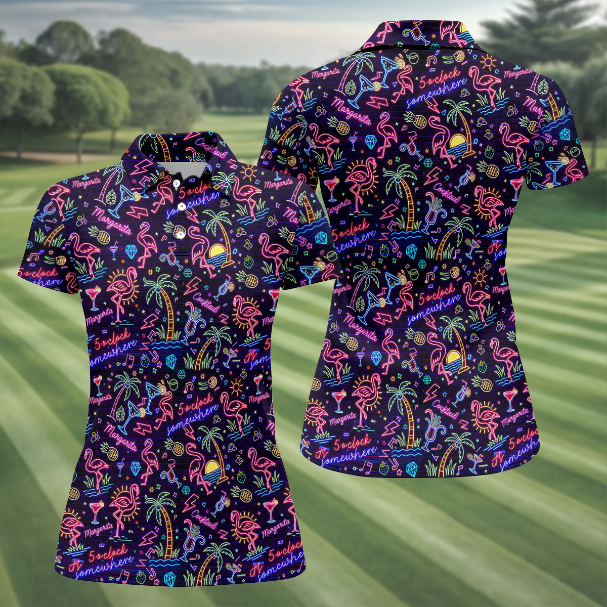 Tropical Theme Neon Pattern Black Golf Shirt, Women's Golf Tops, Golf Shirt For Women, Ladies Golf Shirts