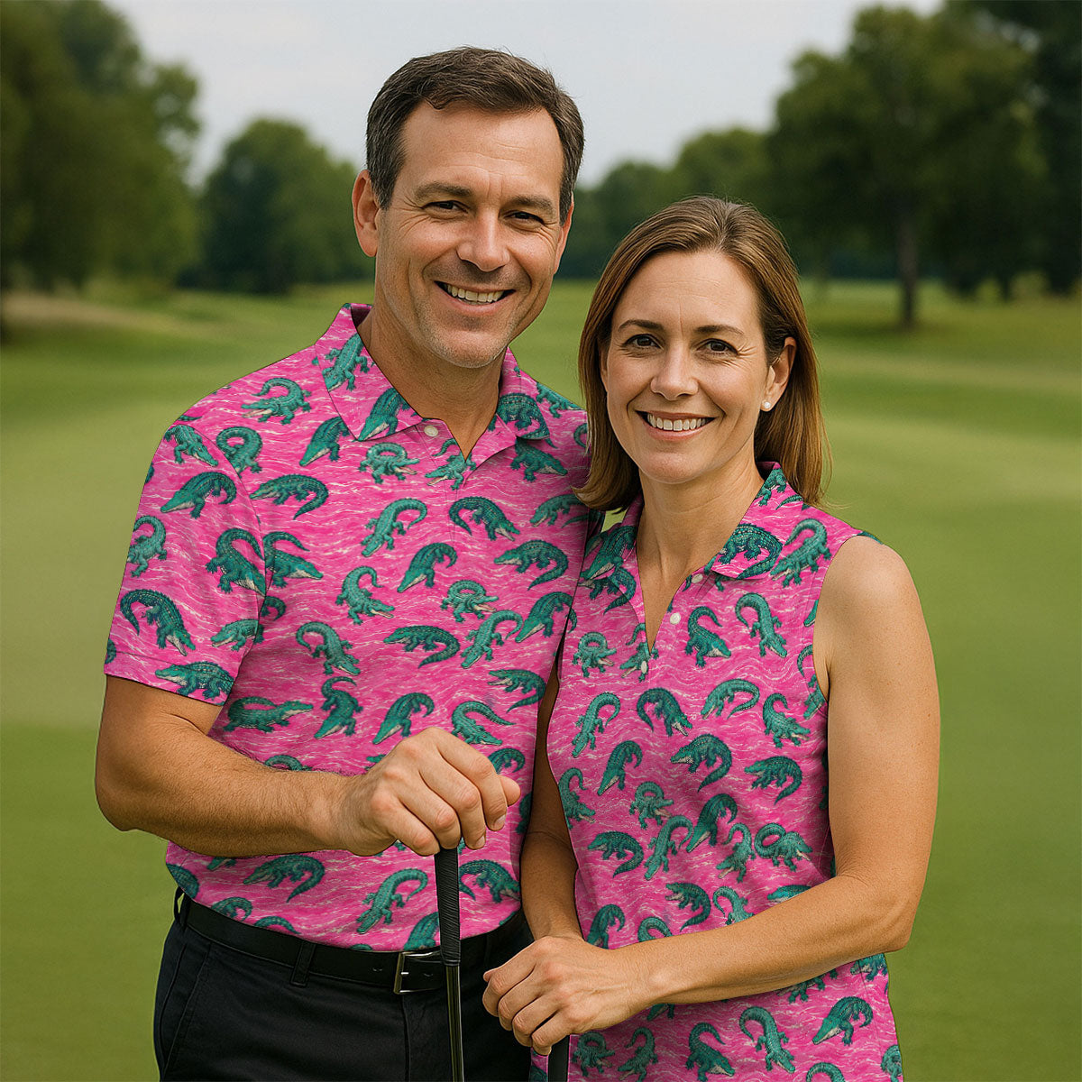 Alligator Pattern Golf Shirt, Pink Gator Print Men's Golf Polo, Polo Shirts For Men