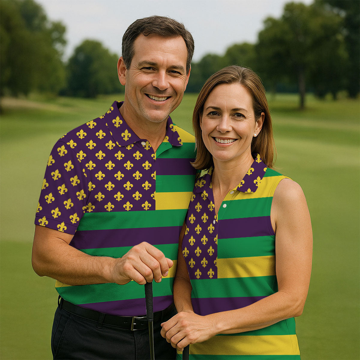 Mardi Gras Flags Fleur De Lis Purple Green Gold Golf Tops For Men, Polo ShirtFor Men, Golf Shirts For Men