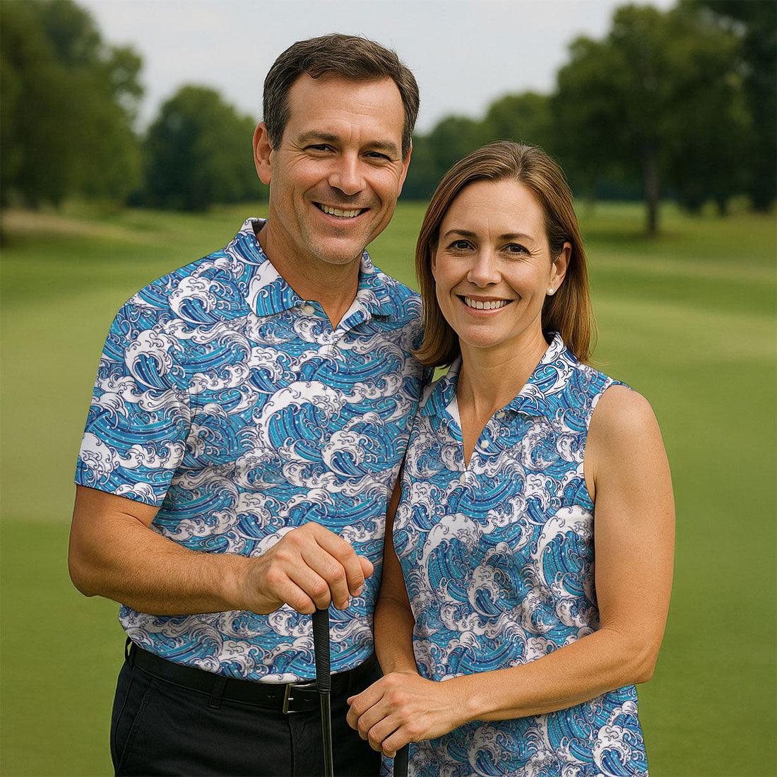 Blue Ocean Wave Pattern Golf Shirt, Hawaiian Golf Shirt, Mens Golf Shirts, Golf Apparel For Men