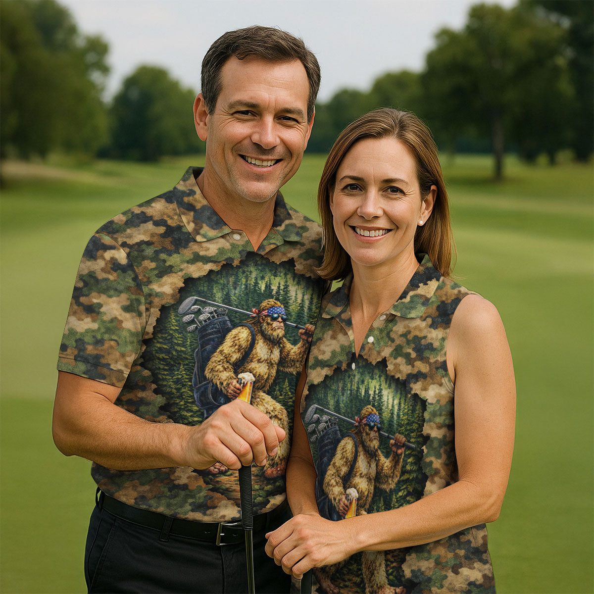 Camo Bigfoot Golfer Drinking Beer Polo Shirt, Mens Golf Shirts, Golf Apparel For Men
