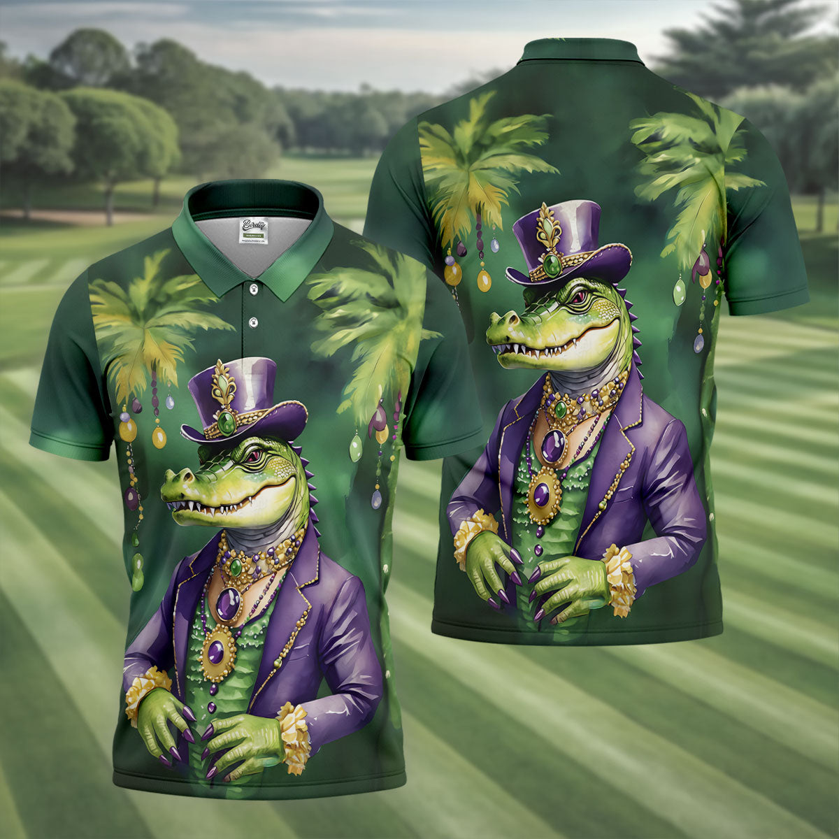 Mardi Gras Alligator Decorated Palm Tree Print Golf Shirt, Polo ShirtFor Men, Golf Shirts For Men