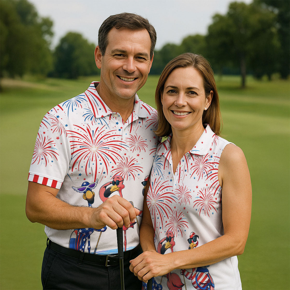 Funny Flamingo American Flag Pattern White Golf Shirt, 250th Anniversary Patriotic Golf Shirt, Women's Polo Shirt