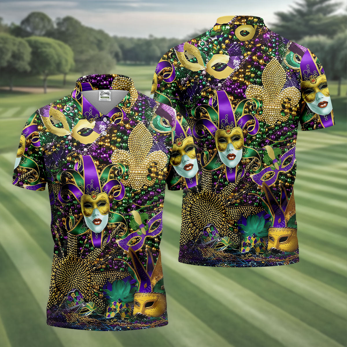 Jester Mask Purple Green Gold Fleur De Lis Beads Mardi Gras Golf Shirt, Golf Shirts For Men, Polo ShirtFor Men