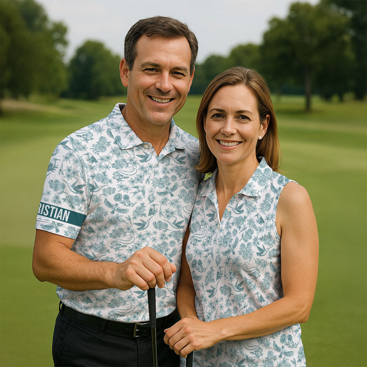 Custom Name Toile de Jouy Birds And Flowers Teal And White Polo ShirtFor Men, Golf Gift For Men
