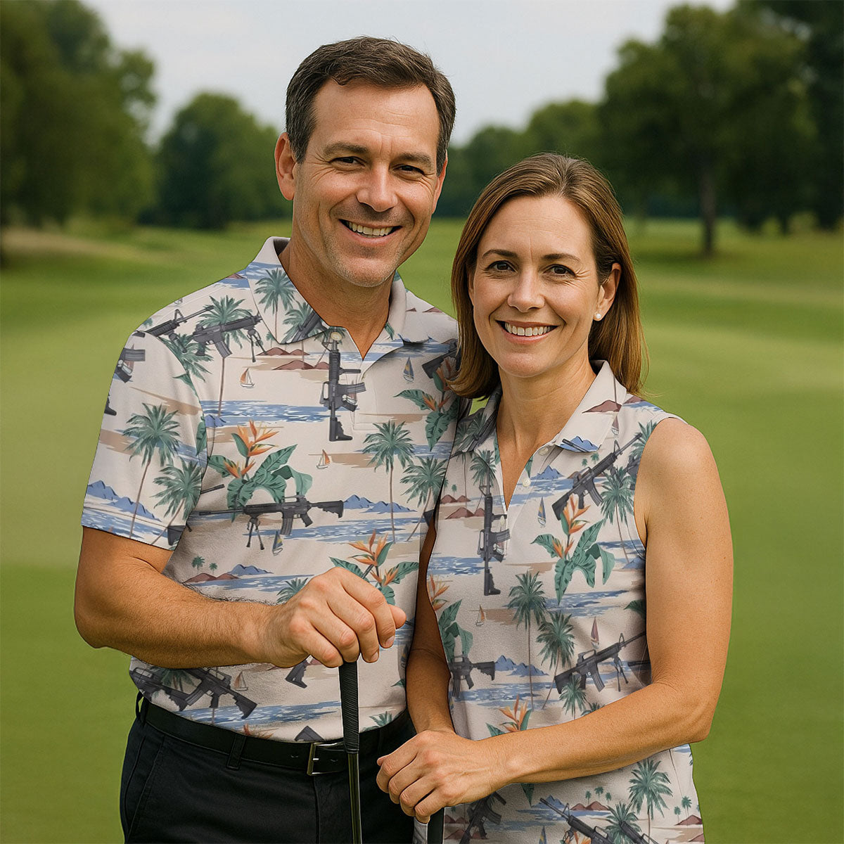 Hawaiian Palm Tree With Army Theme Golf Shirts For Men, Polo ShirtFor Men, Golfing Apparel