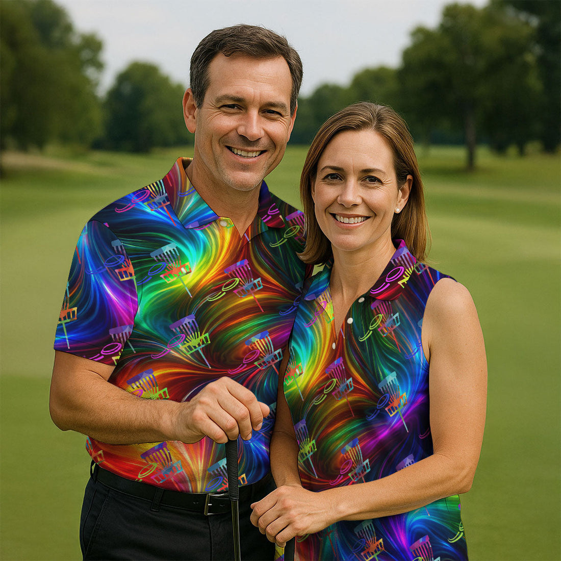 Colorful Disc Golf Basket Swirl Pattern Polo Shirt, Printed Golf Shirts, Hawaiian Golf Shirt, Mens Golf Apparel