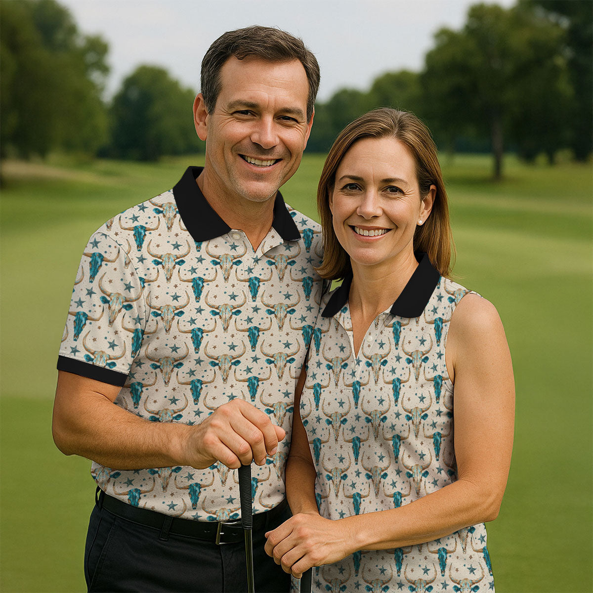 Cow Skulls Turquoise And Beige Western Theme Golf Tops For Men, Polo Shirtor Men, Golf Shirts For Men