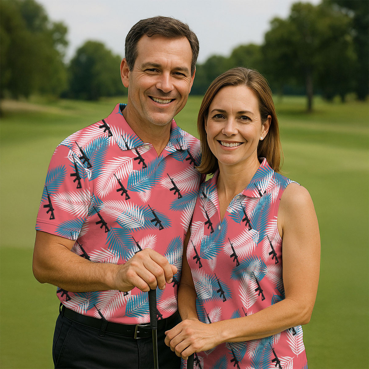 Freedom Lifestyle Green And Pink Hawaiian Golf Shirt, Golf Tops For Men, Golf Shirts For Men