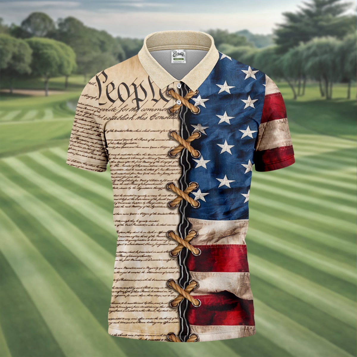 We The People Preamble Patriotic 4th Of July Beige Golf Shirt, 250th Anniversary Golf Shirts For Men
