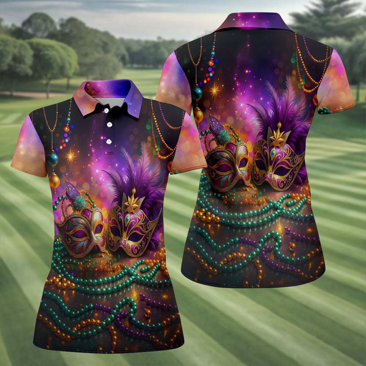 Carnival Mask Beads Chain Bokeh Effect Mardi Gras Golf Shirt, Women's Golf Tops, Ladies Golf Polos