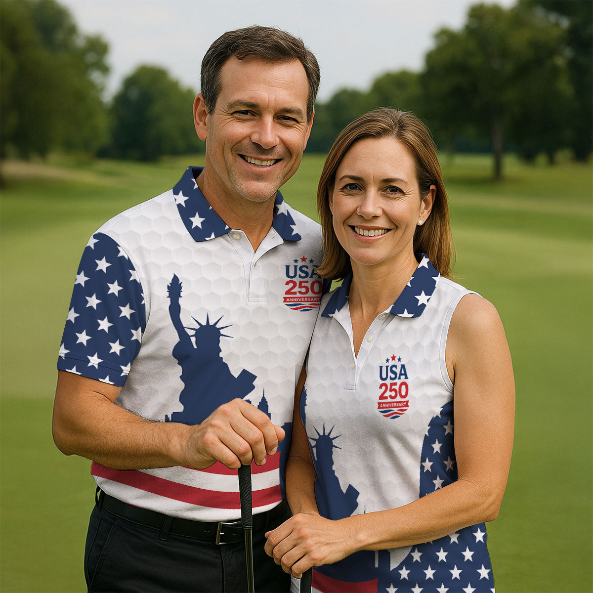 USA 250 Anniversary Silhouette Of Statue Of Liberty White Golf Shirt, 4th Of July Golf Shirts For Men