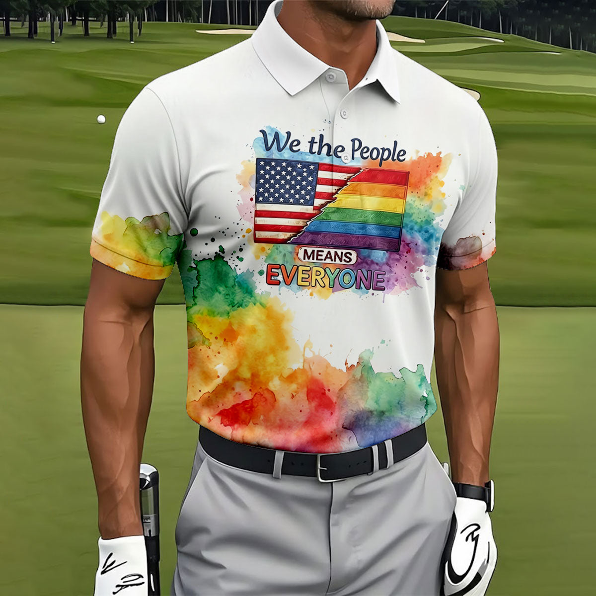 We The People Means Everyone Water Color Print Golf Shirt, LGBTQ Month Polo Shirt Men