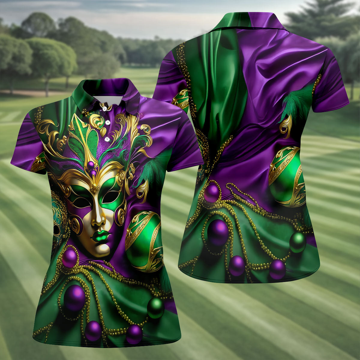 Mardi Gras Face Mask Purple Green Gold Women's Golf Tops, Ladies Golf Polos, Women's Polo Shirt