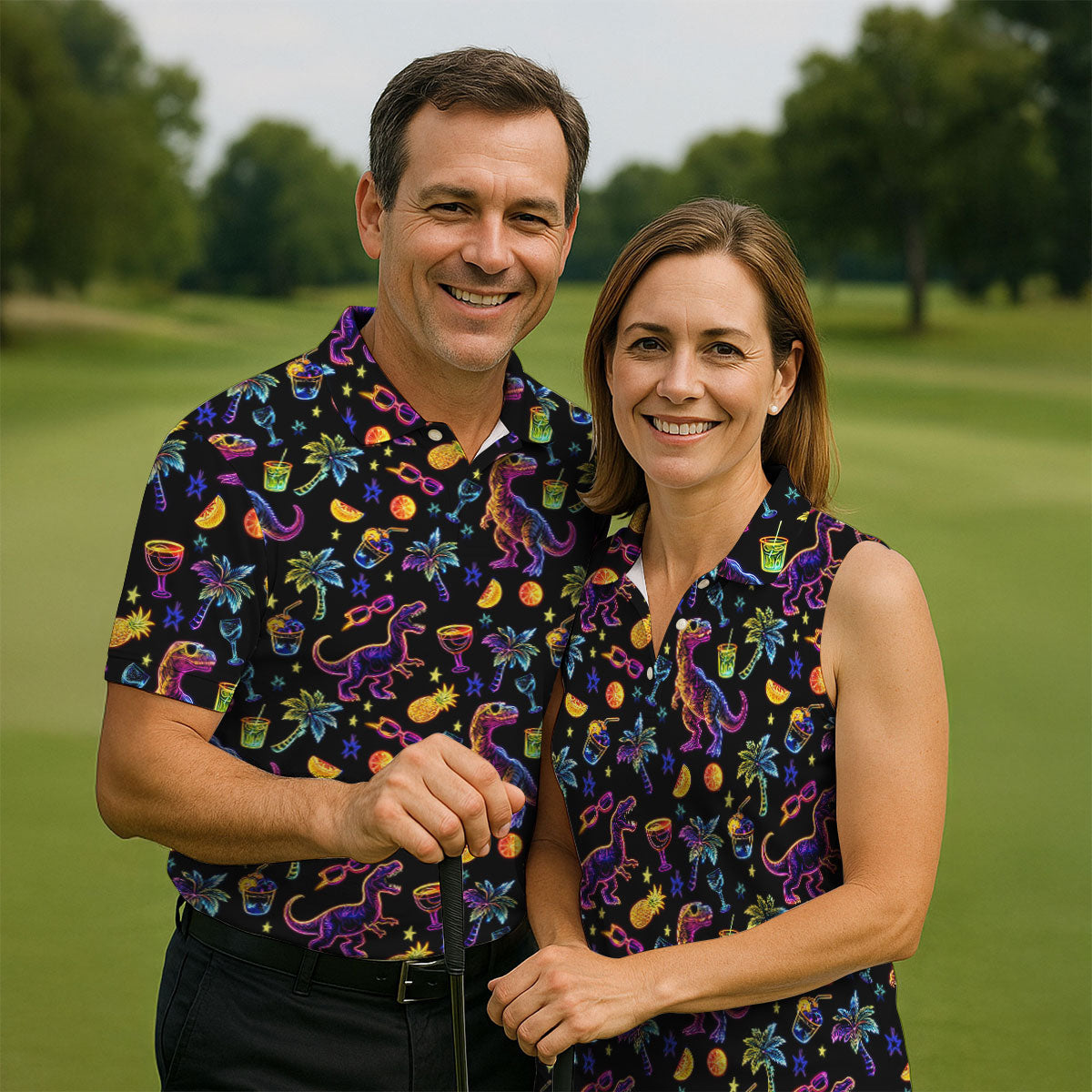 Neon Dinosaur Tropical Theme Hawaiian Golf Shirt, Polo Shirtor Men, Golfing Apparel