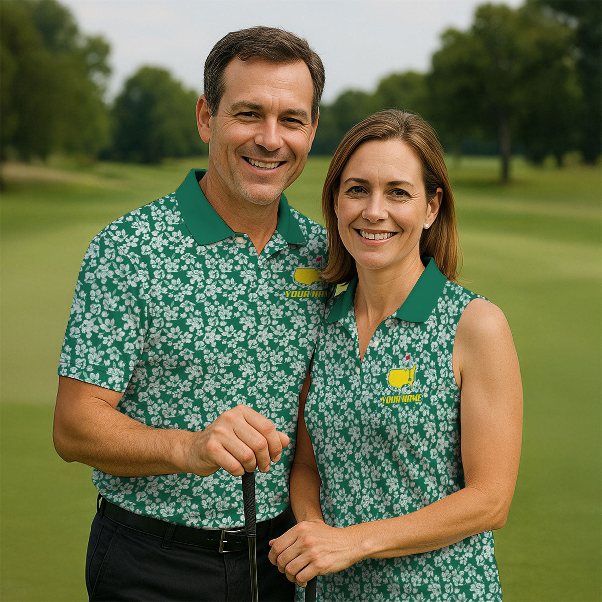 Floral Silhouette Green And White Golf Tops For Men, Golf Shirts For Men, Polo ShirtFor Men